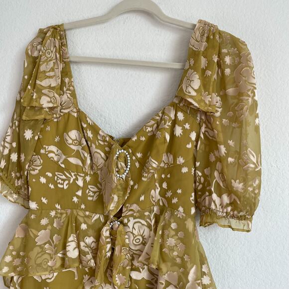 For Love & Lemons Mustard Yellow Velvet Floral Cosmo Mini Dress - Picture 12 of 16